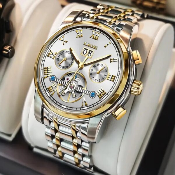 LIGE Men's Watches Automatic Mechanical Business Wristwatch Skeleton Calendar Waterproof Stainless Steel Strap Watch for Men