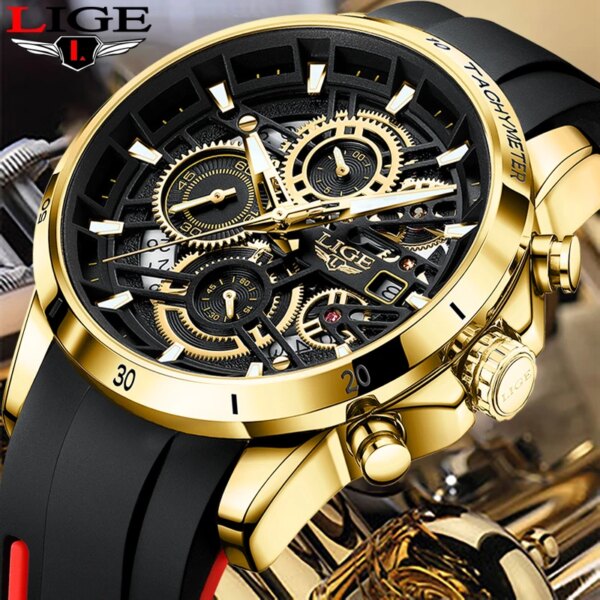 LIGE Mens Watches Brand Luxury Silicone Strap Waterproof Sport Quartz Chronograph Military Watch Men Clock Relogio Masculino+BOX