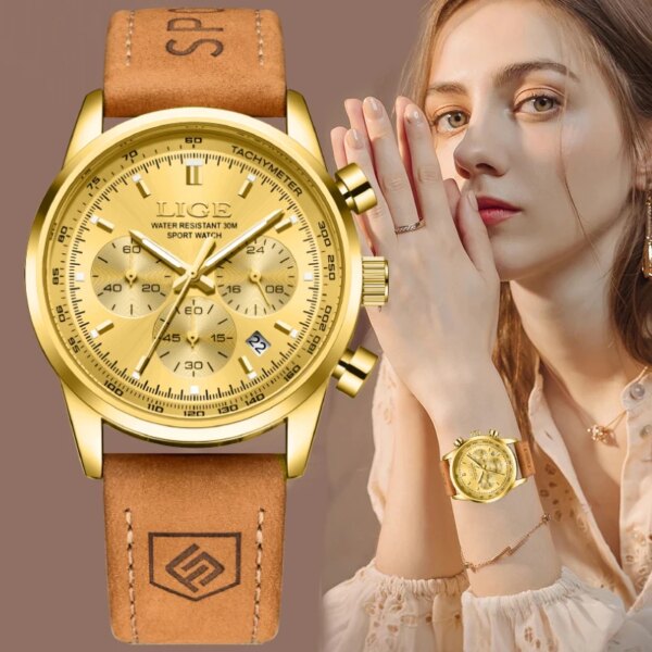 LIGE New Fashion Gold Quartz Watches For Women Top Brand Luxury Leather Women Watch Casual Military Waterproof Watch Feminino