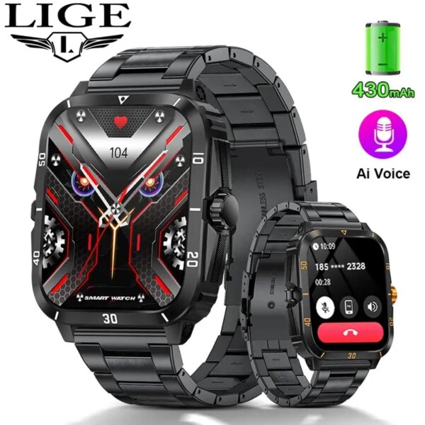 LIGE Sport Smart Watch For Men 1.96 Screen Blood Oxygen Bluetooth Call Watch 100+Sport Waterproof Smartwatch Man Reloj Hombre