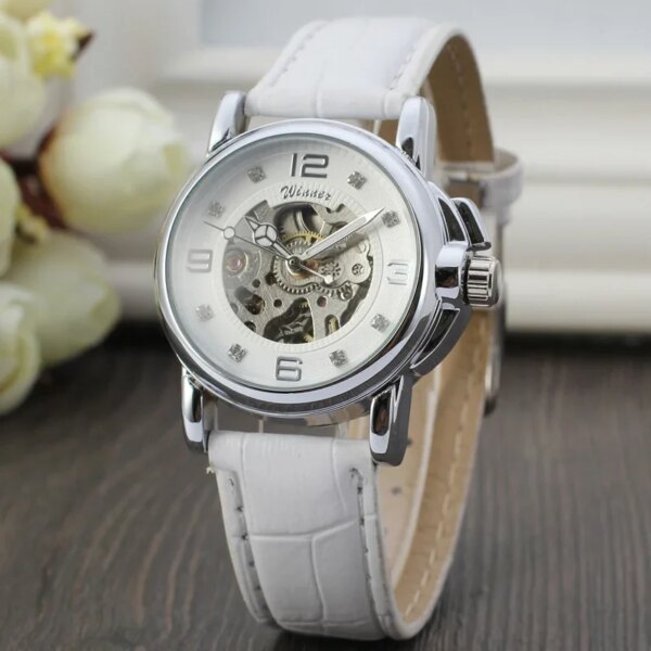 Ladies Diamond Display Women Top Brand Luxury White Simple Skeleton Transparent Case Automatic Self Wind Mechanical Wrist Watch