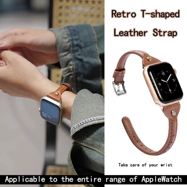 Ladies T Type Narrow Body Leather Strap For Apple Watch Ultra Band 49MM 45MM Women Fashionable Bracelet For iWatch Series 9 8 7