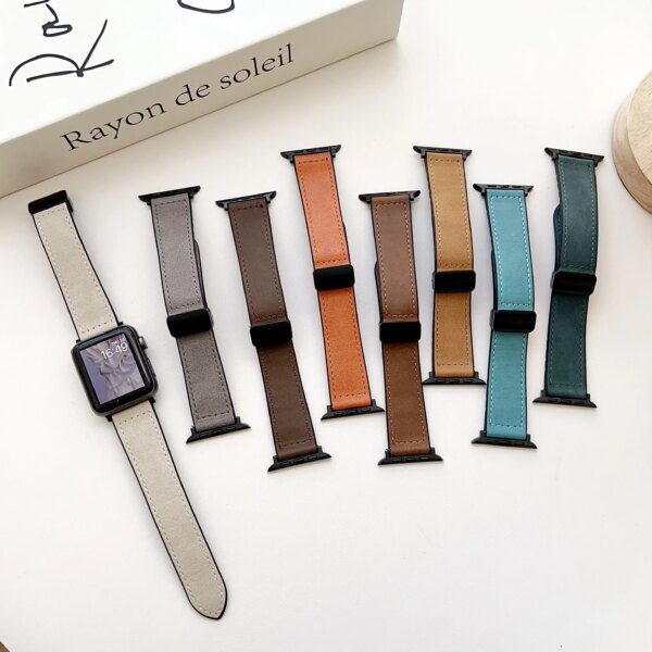 Leather Buckle Band For Apple Watch Band Ultra2 49mm 41mm 45mm Magnetic Loop Strap For IWatch 9 8 7 6 SE Folding Magnet Bracelet