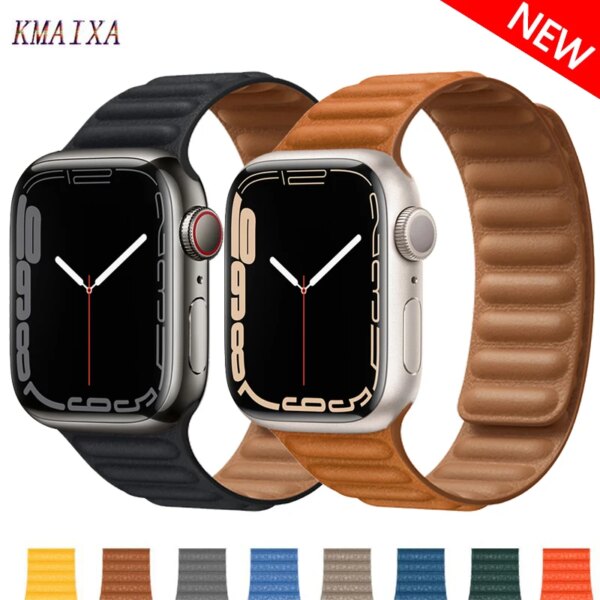 Leather Link For Apple Watch Band 45/41/44/40/49/42/38mm Original Magnetic Loop bracelet iWatch Series 9 8 Ultra2 3 SE 6 7 Strap