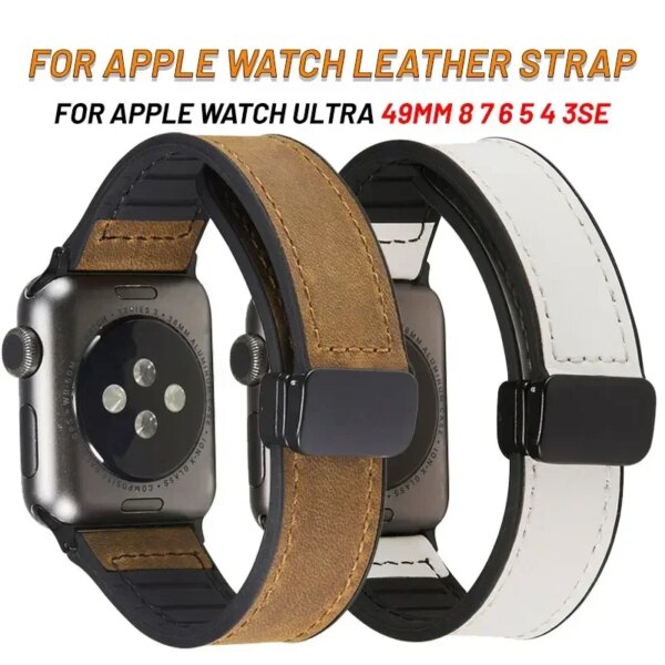 Leather Magnetic Buckle Strap For Apple Watch Band Ultra2 49mm 41/45mm Loop Band For IWatch Series 9 8SE Folding Magnet Bracelet