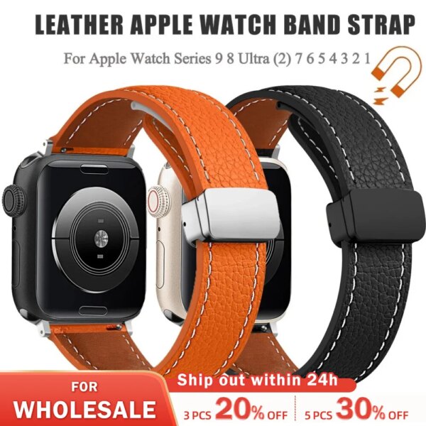 Leather Strap For Apple Watch Band 45mm 41mm 49mm 44mm 40mm Magnetic Wristband Bracelet Correa For Iwatch Series 9 8 Ultra 7 6 5