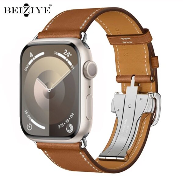 Leather Strap For Apple Watch Band Ultra 2 49mm 44mm 45mm 40mm 41mm 42mm Steel Folding Clasp Bracelet For iWatch Serie 9 8 7 6 5