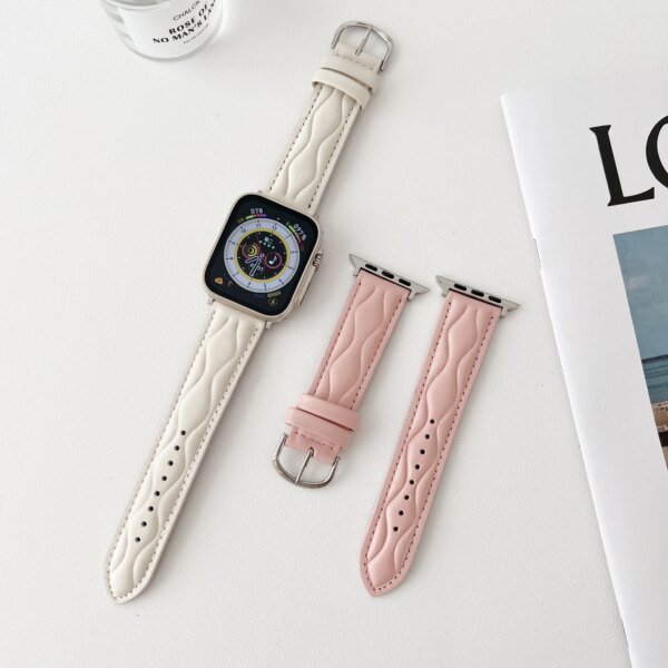 Leather for apple watch hyperbolic wave band 49mm 41mm 45mm 40mm feather plaid pattern Wrist Bracelet for iwatch 9 8 7 6 5 SE 3