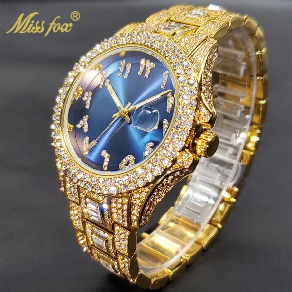 Luxe Golden Men Watch Auto Calendar Waterproof Couple Watches Royal Blue Dial With CZ Arabic Numbers Baguette Bracelet Timepiece