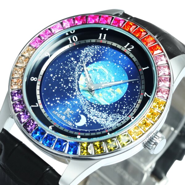 Luxury Brand Mechanical Watch for Men Rotating Star Dial Fashion Rainbow Case Automatic Watches Genuine Leather Strap Wristwatch