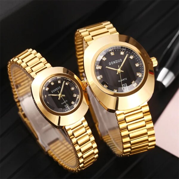 Luxury Couple Men Women Quartz Watch Gold Black Diamond Inlay Reloj Business Man Wristwatch Male Ladies Clock Hombre Masculino