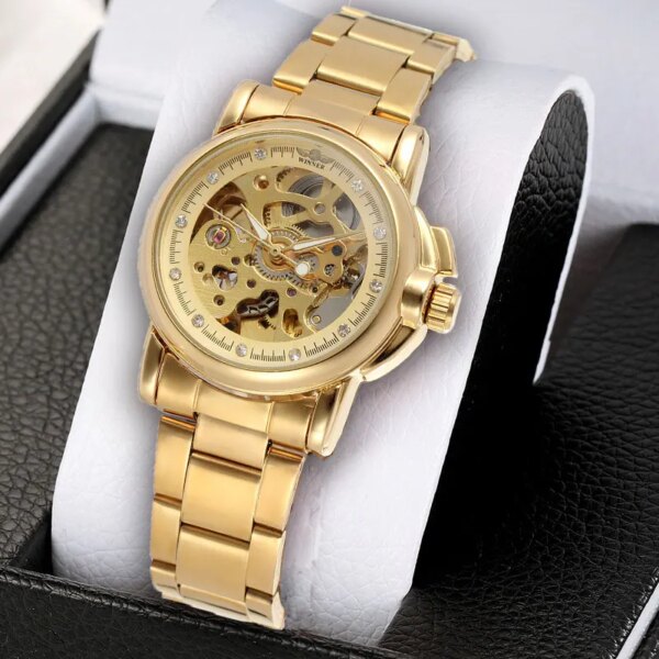 Luxury Gold Skeleton Automatic Watches for Women Fashion Business Mechanical Watch Creative Steel Women's Bracelet Watches +Box