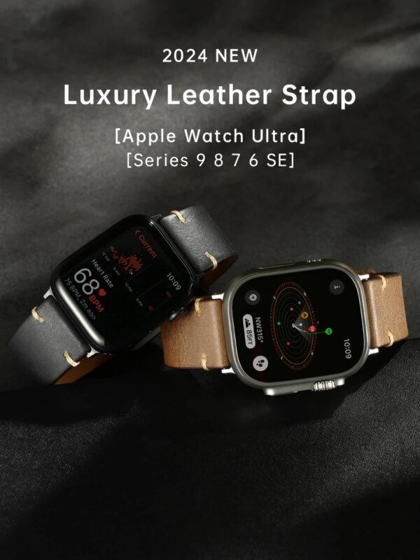 Luxury Leather Strap For Apple Watch, Ultra 49mm, Series 9, 8, 7, 6, SE, 45mm, 44mm, 41mm, 40mm, Accessories Watch Bands