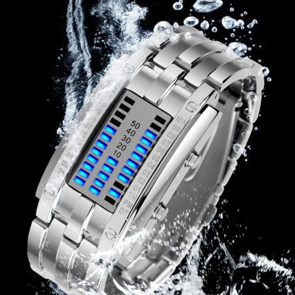 Luxury Lovers' Wristwatch Waterproof Men Women Stainless Steel Blue Binary Luminous LED Electronic Display Sport Watches Fashion