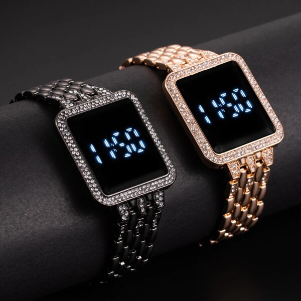 Luxury Rhinestone Digital Watch for Women Simple Touch Screen LED Watch Fashion Steel Strap Rose Gold Ladies Watch Reloj Mujer