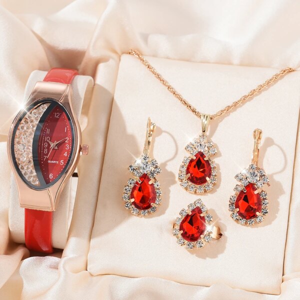 Luxury Women Fashion Quartz Wristwatch Special Dial Fashion Jewelry 5Pcs Set For Women Round Crystal Pendants Earrings Ring Sets