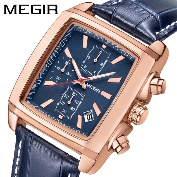 MEGIR Business Men Chronograph Wristwatch Casual Top Brand Military Watches Rectangle Quartz Leather Male Sport Watch 2028