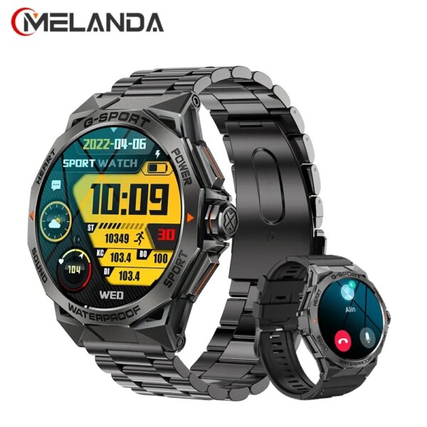 MELANDA 1.43” AMOLED HD Bluetooth Call Smart Watch Men Sports Fitness IP68 Waterproof Steel Smartwatch for Android IOS K62