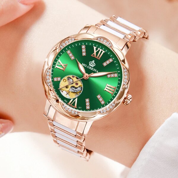 MGORKINA MG101 Skeleton Automatic Mechanical Women Watch Luxury Top Brand Ladies Fashion Ceramic Clock Montre Femme Reloj Mujer