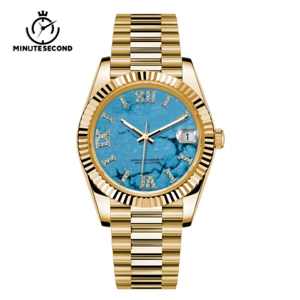 MINUTESECOND Gold Watch NH35 Roman Dial Sapphire Crystal Mechanical Movement 39mm Presidential Strap Waterproof Gold Men Watches