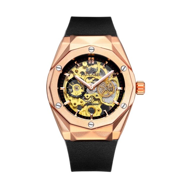 Men's Automatic Skeleton Self Wind Mechanical Rose Gold Silver Black Case Rubber Strap Sports Watch