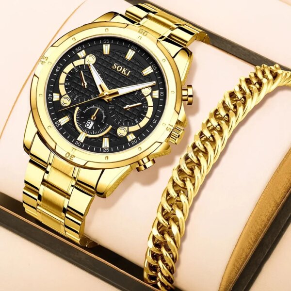 Men's Watch Set Luxury Fashion Business Calendar Men's Quartz Watch Gold Luxury Bracelet Watch Set