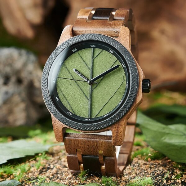 Men's Wood Watch with Genuine Leaf, BOBO BIRD Watch, Leaves Face Original Wooden Clock, Engraved Watch, Anniversary Custom Gift