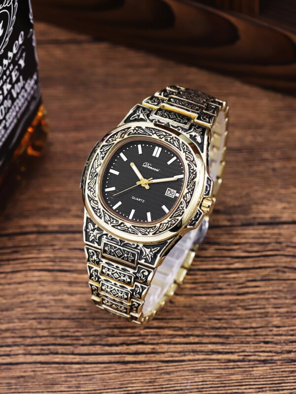 Men's engraved vintage luminous calendar waterproof quartz watch