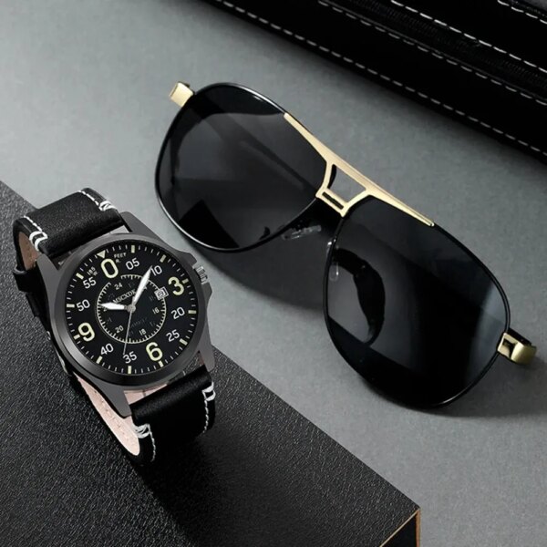 Mens Business Sports Watches Glasses Set For Men Military Quartz Wrist Watch Classic Male Casual Leather Watch Reloj Hombre