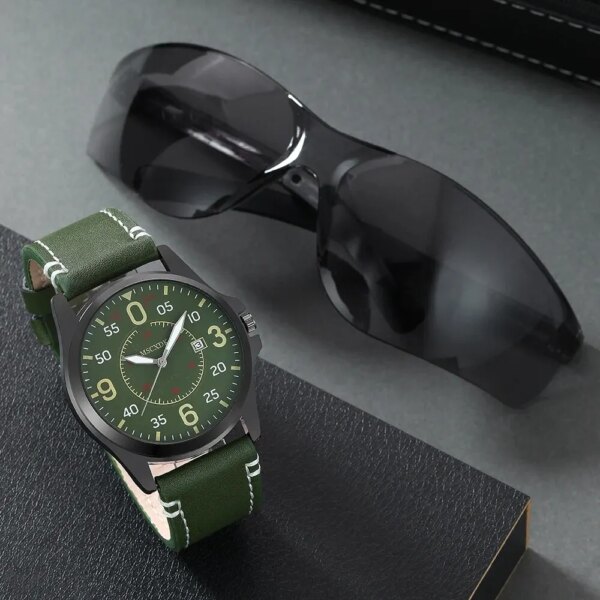 Mens Fashion Watches Glasses Set For Men Green Big Dial Quartz Wrist Watch Male Casual Leather Watch Reloj Hombre