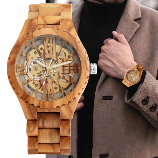 Mens Wooden Watches Cherry Wood Hollow Skeleton Dial Wood Automatic Mechanical Watch for Men Clock Men's Wristwatch reloj mujer