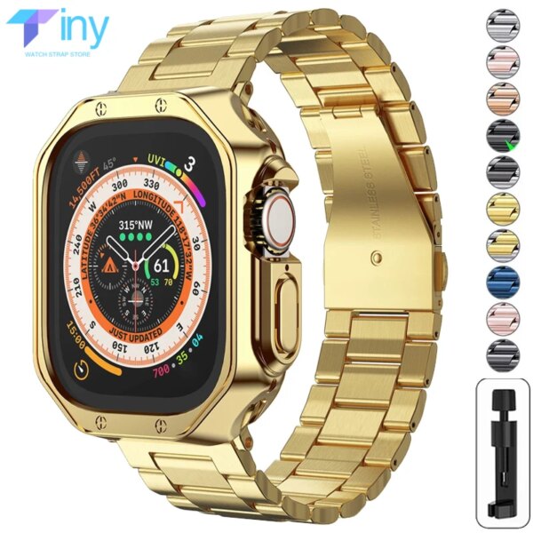 Metal Band+TPU Case for Apple Watch Ultra2 Strap 49mm 41mm 45mm 40mm 44mm Cover Stainless Steel Bracelet Series 9 8 7 6 SE 5