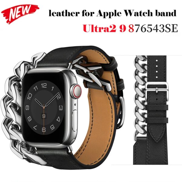 Metal Chain Link Strap For Apple Watch Ultra 2 9 8 7 6 Leather Double Tour Band iWatch 49mm 44mm 45mm 42mm 41 38mm 40mm Bracelet