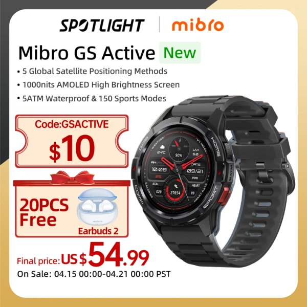 Mibro GS Active Smartwatch GPS Positioning 1000Nits AMOLED Screen 5ATM Waterproof 150 Sports Modes Smart Watch For Android iOS