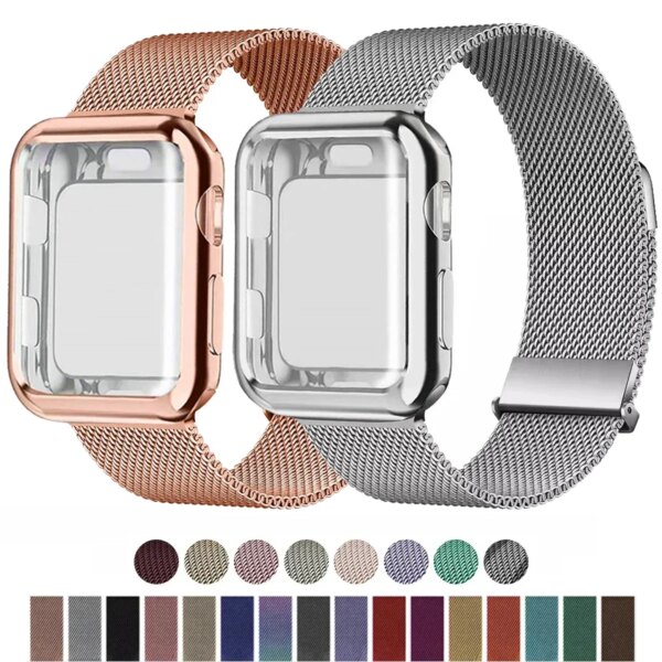 Milanese Loop+Case For Apple Watch Bands 45mm 44mm 38mm-42mm 41/40mm Metal Magnetic bracelet iwatch Serie 9 8 7 6 5 4 3 SE Strap