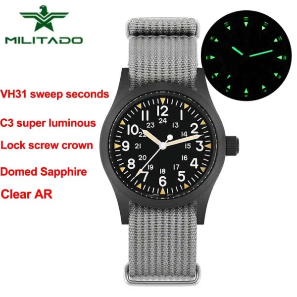 Militado 38mm Military Watch VH31 Quartz Movement C3 Super Luminous  AR Coating Sapphire Crystal Waterproof 100M Watches ML05