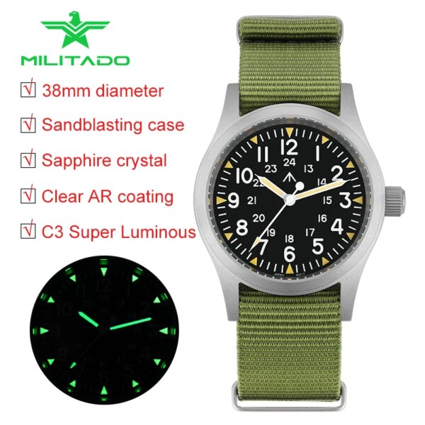 Militado ML05 38mm Field Watch Domed Sapphire Crystal C3 Super Luminous VH31 Quartz Movement Retro Wristwatch Field Homage Watch