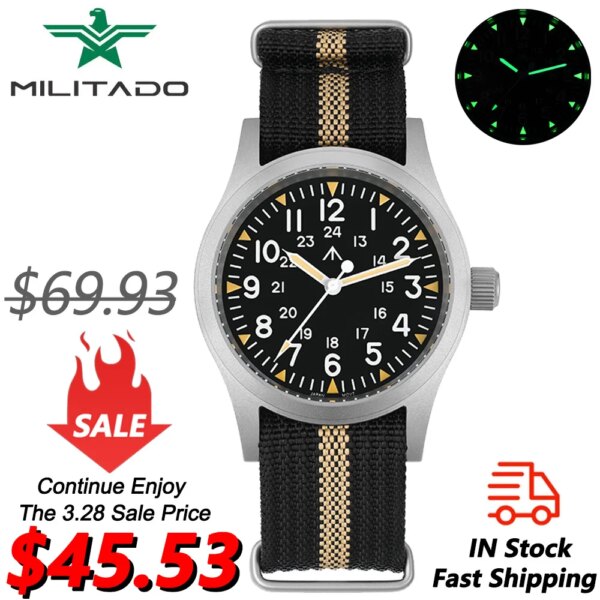 Militado ML05 38mm Vintage Watch VH31 Quartz Movement Field Watches Domed Sapphire Crystal With High Clear AR Coating Wristwatch