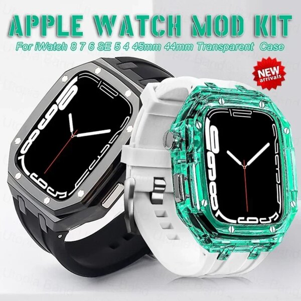 Modification Kit  For Apple Watch Series 9 8 7 6 5 4 SE Transparent Case & Silicone Band For iWatch 45mm 44mm Rubber Sport Strap