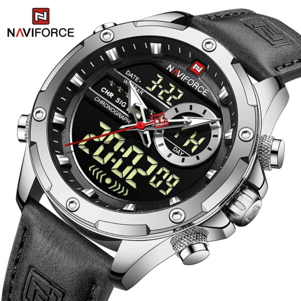 NAVIFORCE Male Military Sport Genuine Leather Watches for Men Waterproof Digital Dial Chronograph Creative Luminous Wrist Watch