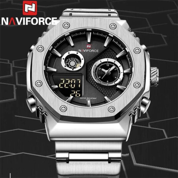 NAVIFORCE Watch Men Top Brand Luxury Silver Stainless Steel Sport Male Clock Digital Quartz Military Waterproof Wristwatch 9216