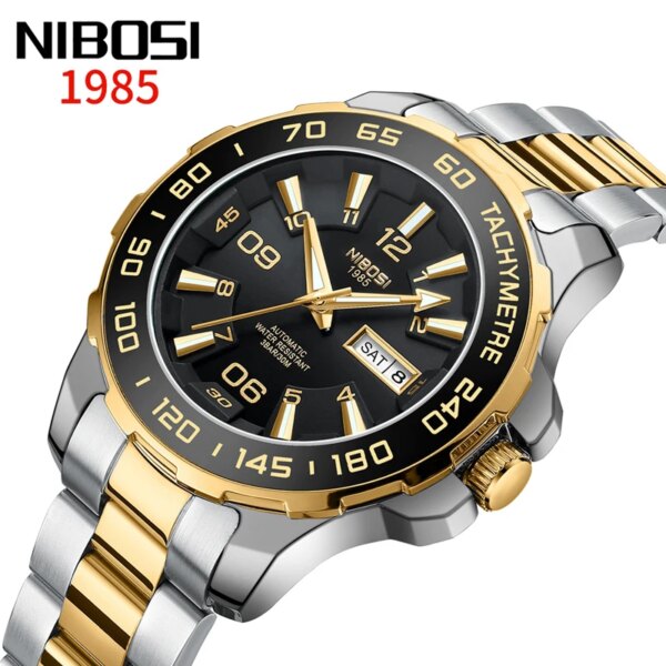 NIBOSI Mens Watches Top Brand Luxury Mechanical Watch for Men Stainless Steel Waterproof Luminous Calendar Fashion Wristwatch