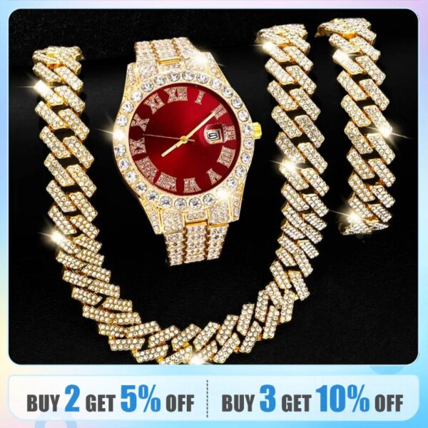 Necklace+Watch+Bracelet Iced Out Watch For Men Hip Hop 14MM Prong Cuban Chain Rapper Cuban Necklaces Set Punk Party Jewelry Gift