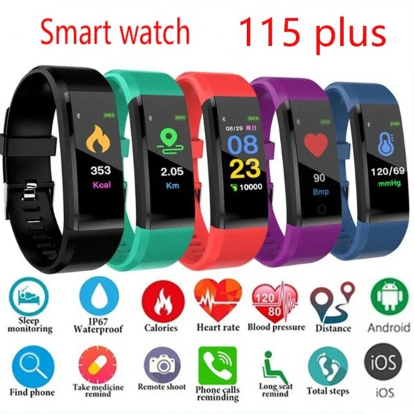 New 115Plus Electronic Bracelet Fitness Tracker Smart Band Sleep Health Monitor Blue-tooth Watch Sedentary Alert Message Push