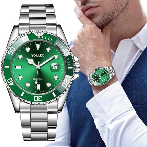 New 2020 YOLAKO Watch Luxury Fashion Green Men Watches Military Sport Watches Men Stainless Steel Date Quartz Wristwatch Clock