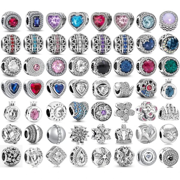 New 925 Silver Heart  Shape Purple Pink Red Blue Green Zircon Charm Round Beads Fit Original Pandora Bracelet DIY Fine Jewelry