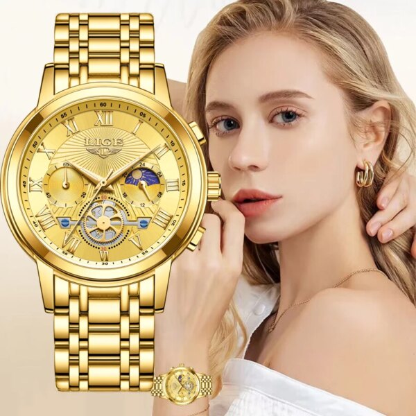 New LIGE Ladies Wristwatch Luxury Waterproof Luminous  Gold Watch For Women Dress Stainless Steel Quartz Women's Watches+Box