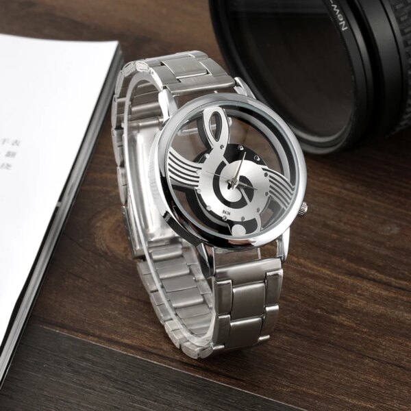 New Luxury Brand Fashion and Casual Music Note Notation Watch Stainless Steel Wristwatch for Men and Women Silver Watches