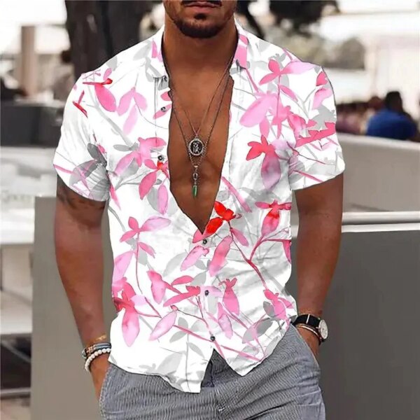 New Summer Men's Hawaiian Shirts Maple Leaf Print V-neck Shirts for Men Button-up Short Sleeve Tops Streetwear Trend Men Clothes