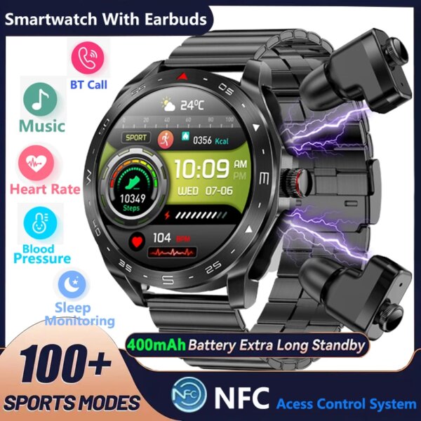 New Upgrage 2-in-1 Earphone Smart Watch Men Women NFC Bluetooth Call Health Monitoring For Huawei Xiaomi Android IOS Apple Phone